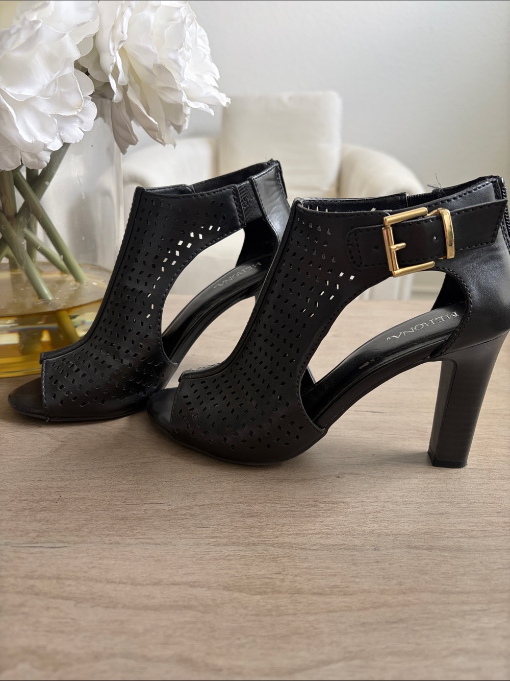 Merona Black Perforated Peep-Toe Heeled Booties with Gold Buckle